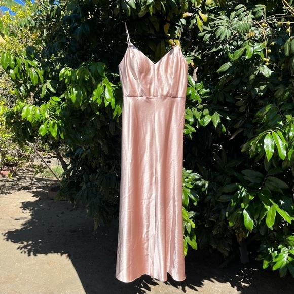 Jenny Yoo Collection pink satin sleeveless draped maxi dress